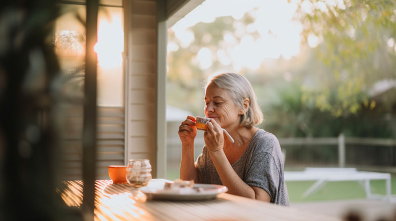 Person in their 50s enjoying benefits of using a CPAP machine by starting their morning with energy eating breakfast outside.