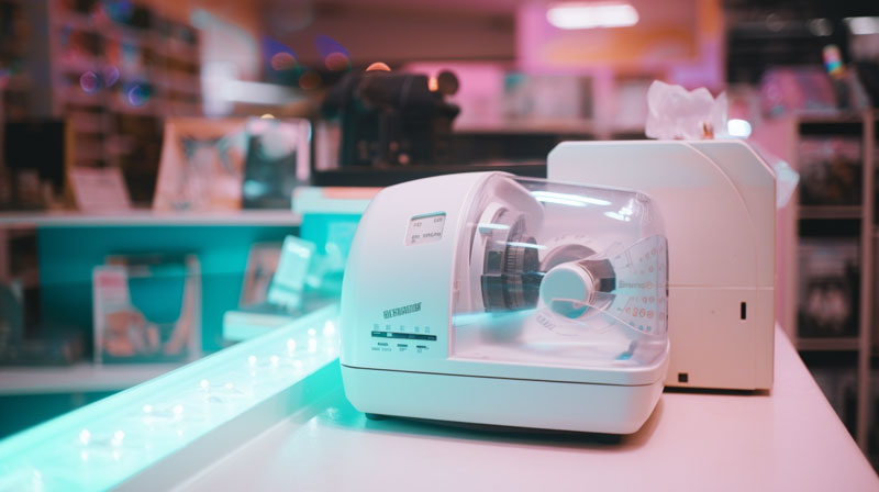 CPAP machine on a counter at a store with blue and pink lighting.