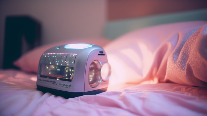 Glowing CPAP machine sitting on bed with pink glittery comforter.