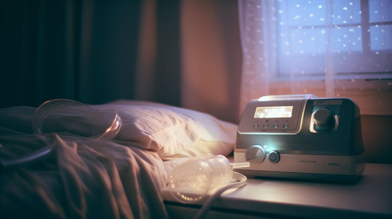 Types of CPAP machines on a nightstand by a bed.